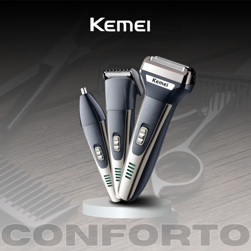 Máquina de Cortar Cabelo Kit 3 em 1 Kemei