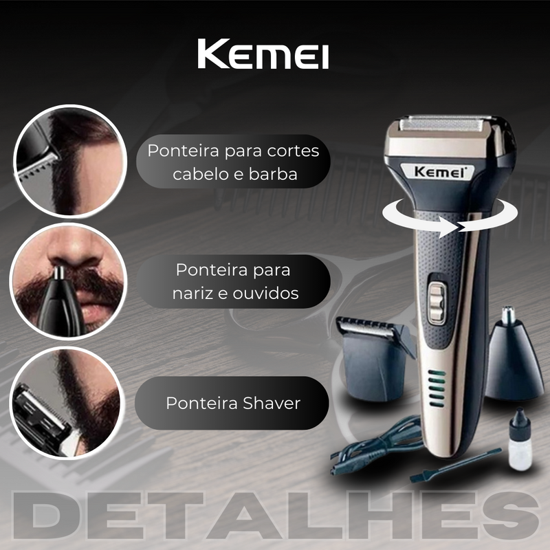 Máquina de Cortar Cabelo Kit 3 em 1 Kemei